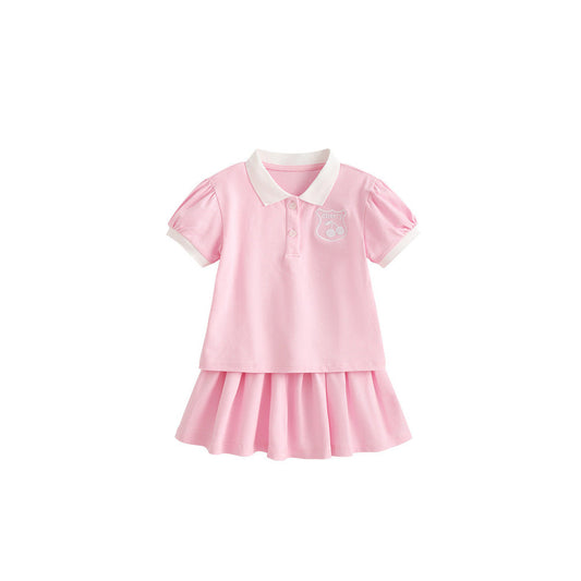 MyKids-USA® Baby Kids Girls Short Sleeves Embroidered Pattern Polo Top and Pink Skirt Clothing Set
