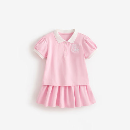 MyKids-USA® Baby Kids Girls Short Sleeves Embroidered Pattern Polo Top and Pink Skirt Clothing Set