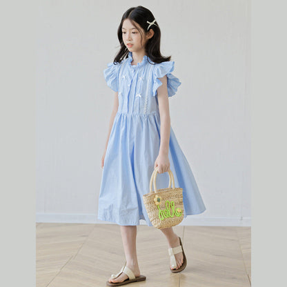 MyKids-USA® Fly Sleeves Butterfly-bow and Lace Pattern Dress for Stylish Girls