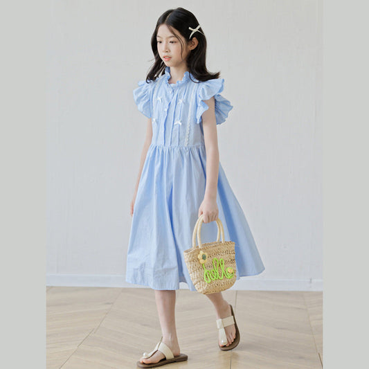 MyKids-USA® Fly Sleeves Butterfly-bow and Lace Pattern Dress for Stylish Girls
