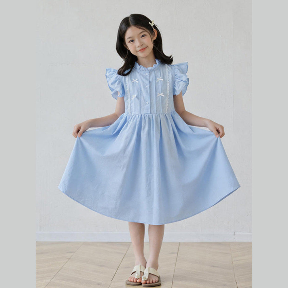 MyKids-USA® Fly Sleeves Butterfly-bow and Lace Pattern Dress for Stylish Girls