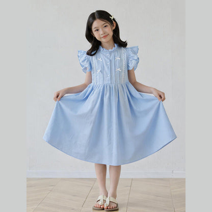 MyKids-USA® Fly Sleeves Butterfly-bow and Lace Pattern Dress for Stylish Girls