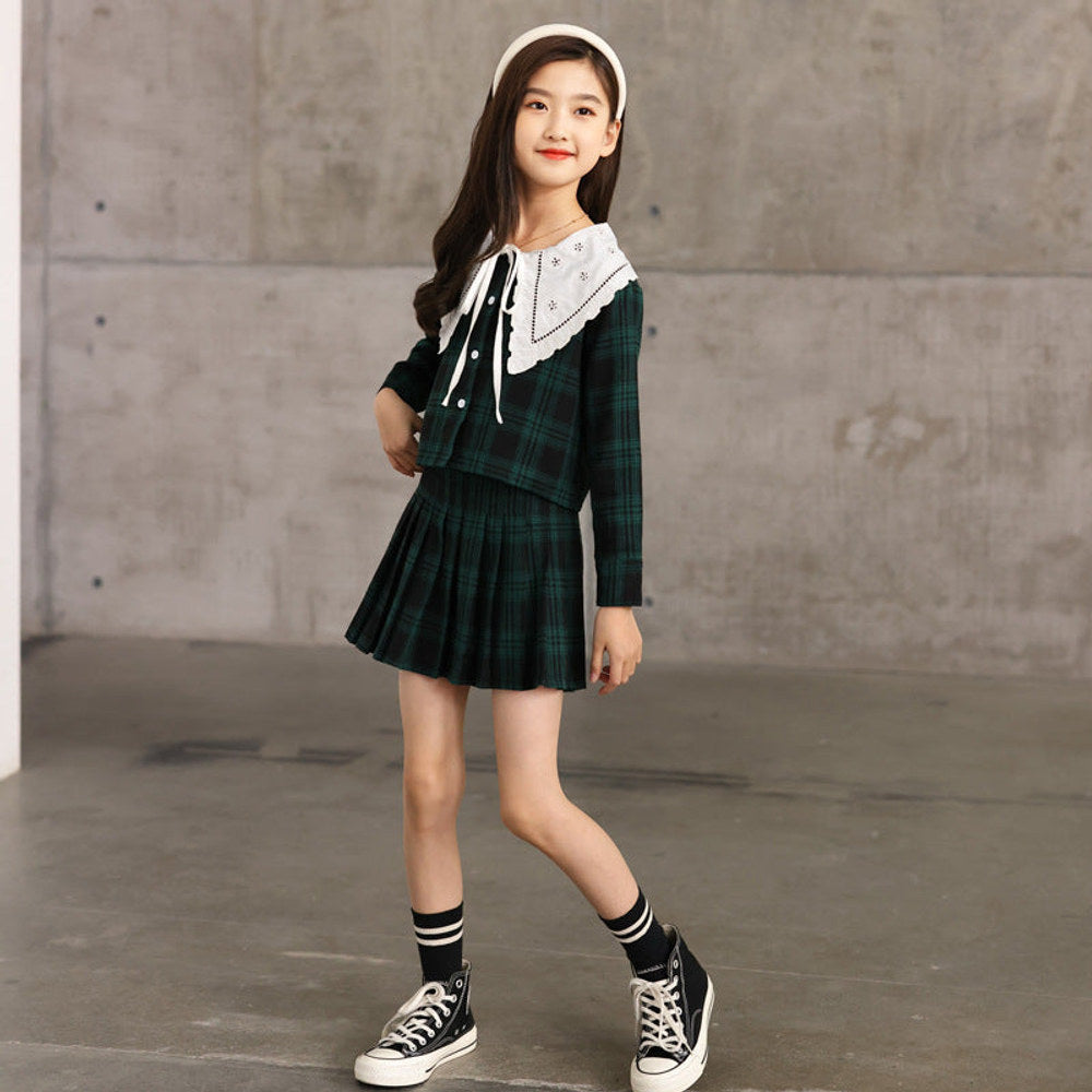 MyKids-USA® Kids Girls Long Sleeves Color Patchwork Plaid Top and Skirt Sets