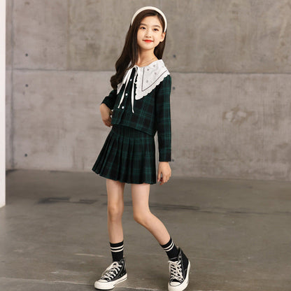 MyKids-USA® Kids Girls Long Sleeves Color Patchwork Plaid Top and Skirt Sets