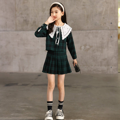 MyKids-USA® Kids Girls Long Sleeves Color Patchwork Plaid Top and Skirt Sets