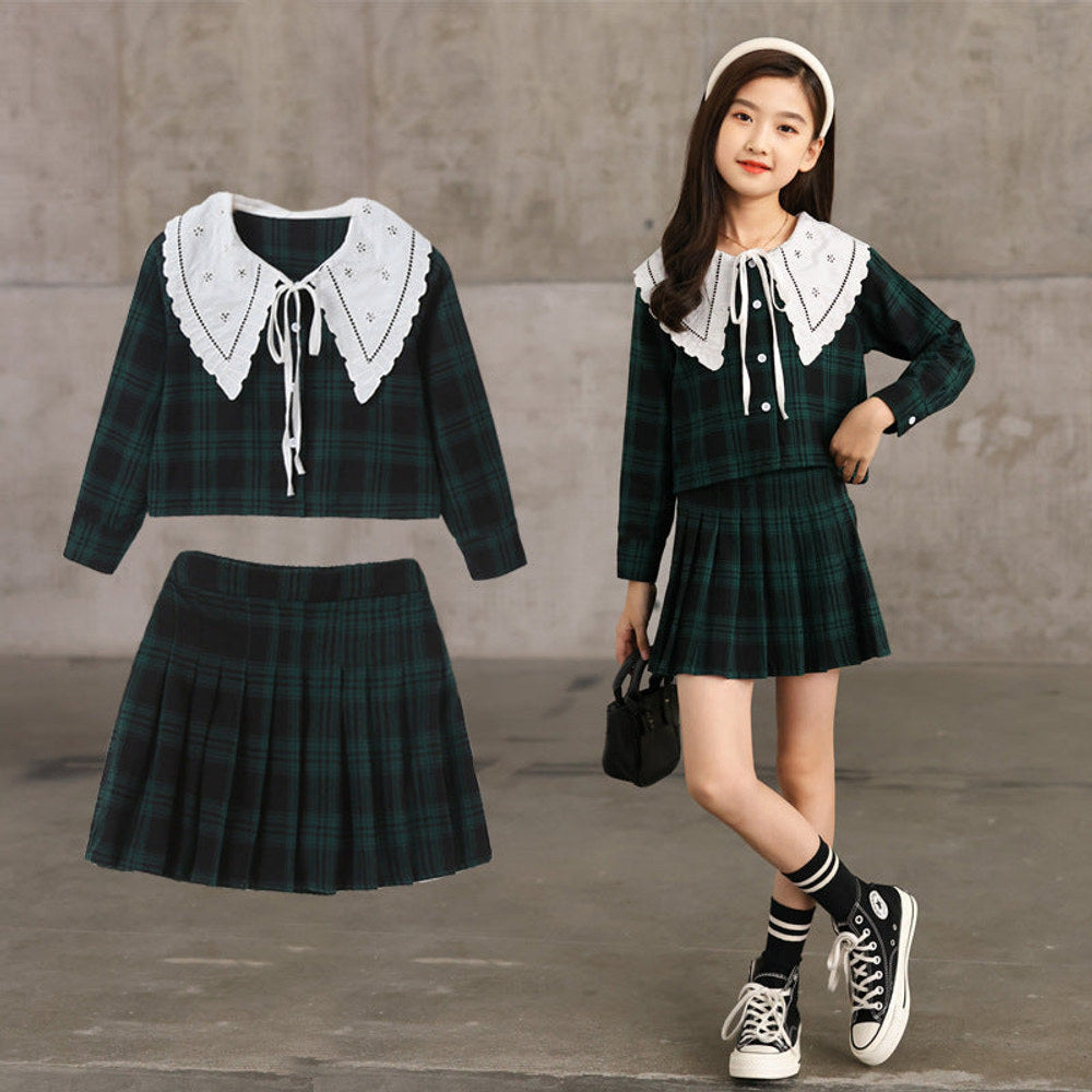 MyKids-USA® Kids Girls Long Sleeves Color Patchwork Plaid Top and Skirt Sets