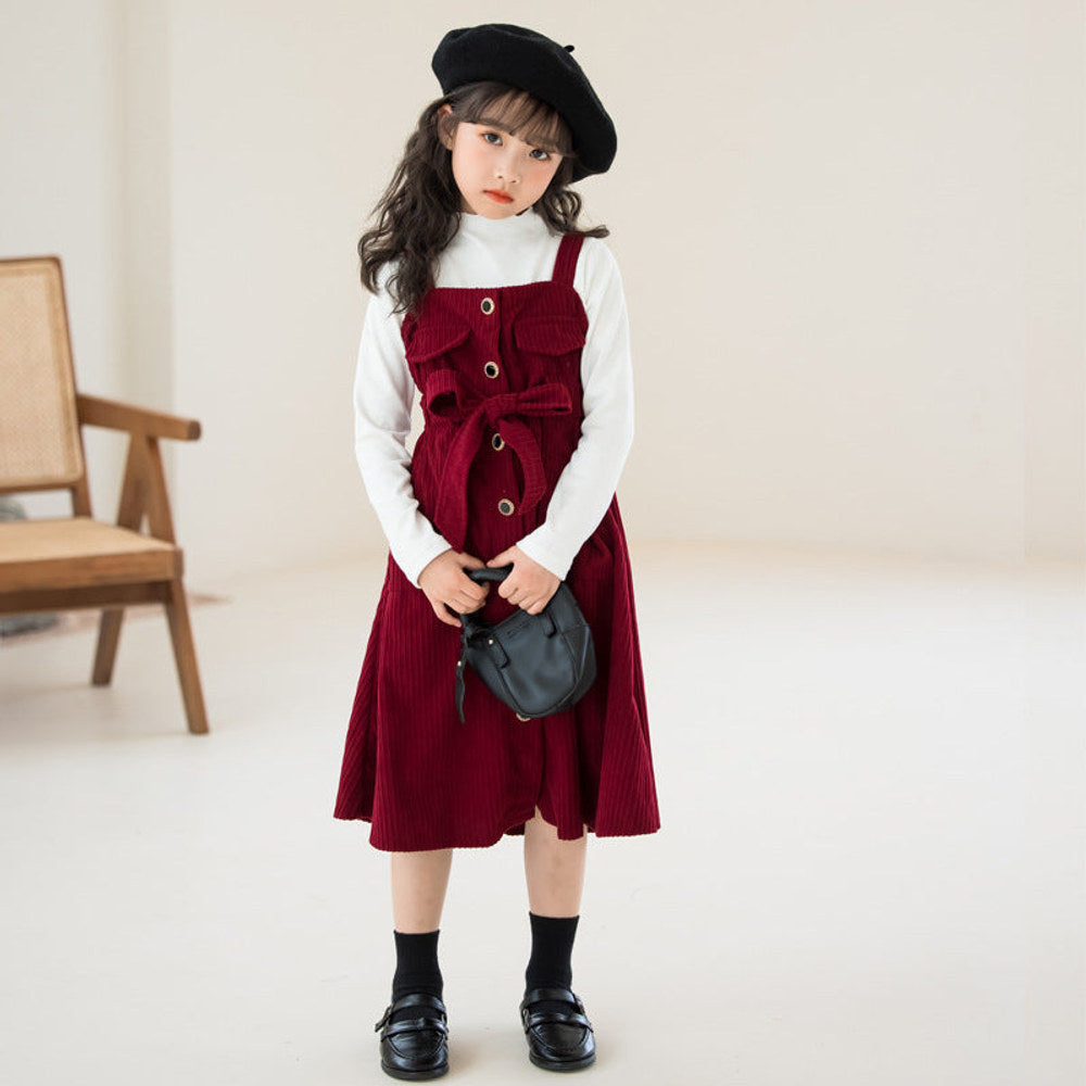 MyKids-USA® Kids Girls Long Sleeves Plain Top and Corduroy Overalls Dress Sets