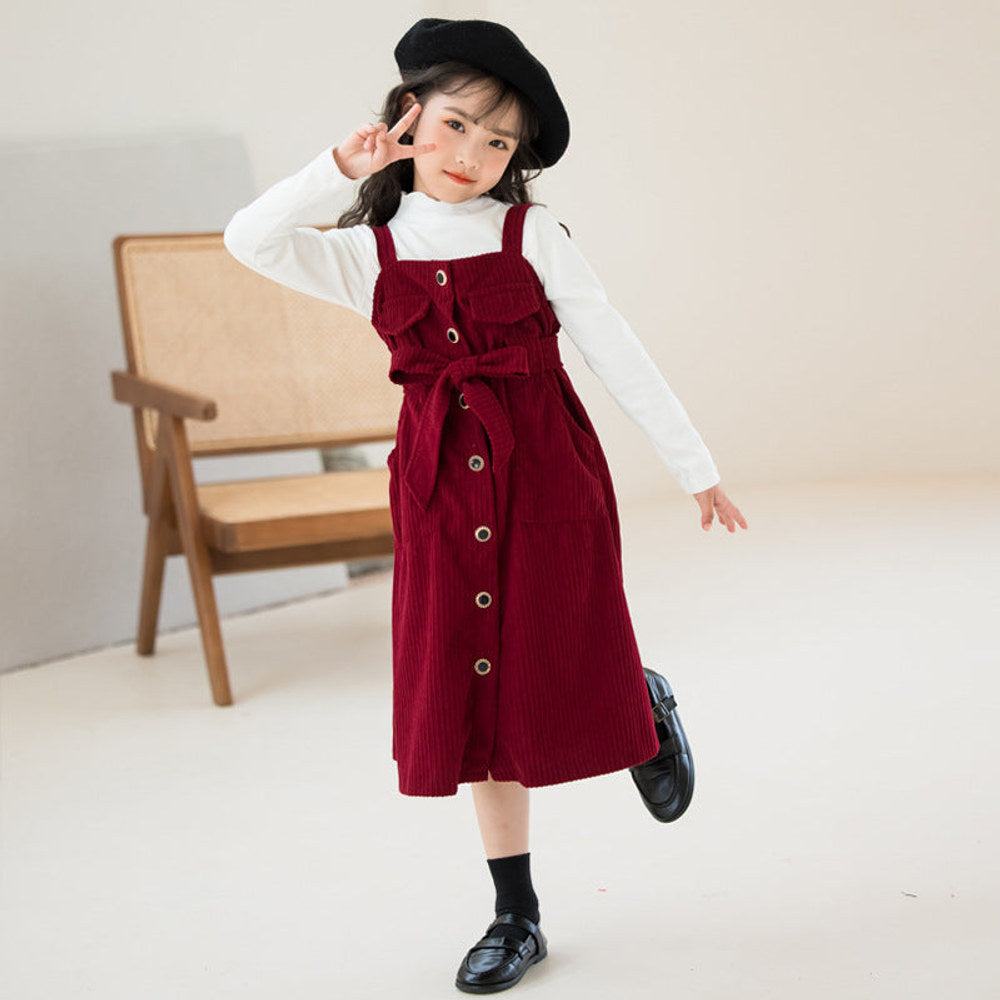 MyKids-USA® Kids Girls Long Sleeves Plain Top and Corduroy Overalls Dress Sets
