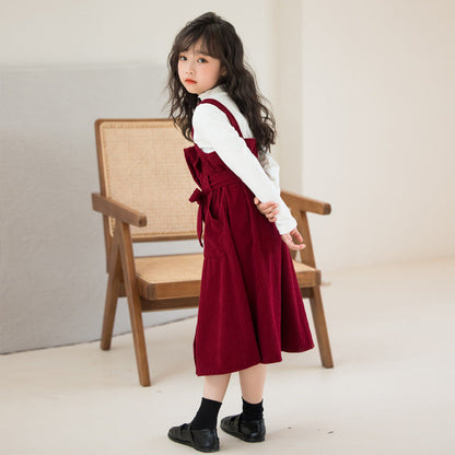 MyKids-USA® Kids Girls Long Sleeves Plain Top and Corduroy Overalls Dress Sets