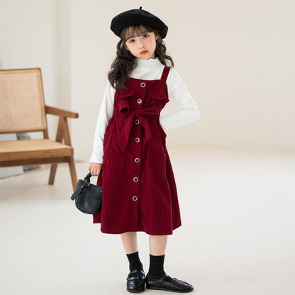 MyKids-USA® Kids Girls Long Sleeves Plain Top and Corduroy Overalls Dress Sets