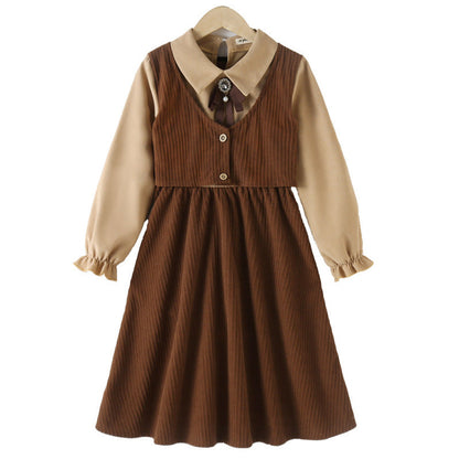 MyKids-USA® Kids Girls Long Sleeves Color Patchwork Dress and Vest Sets