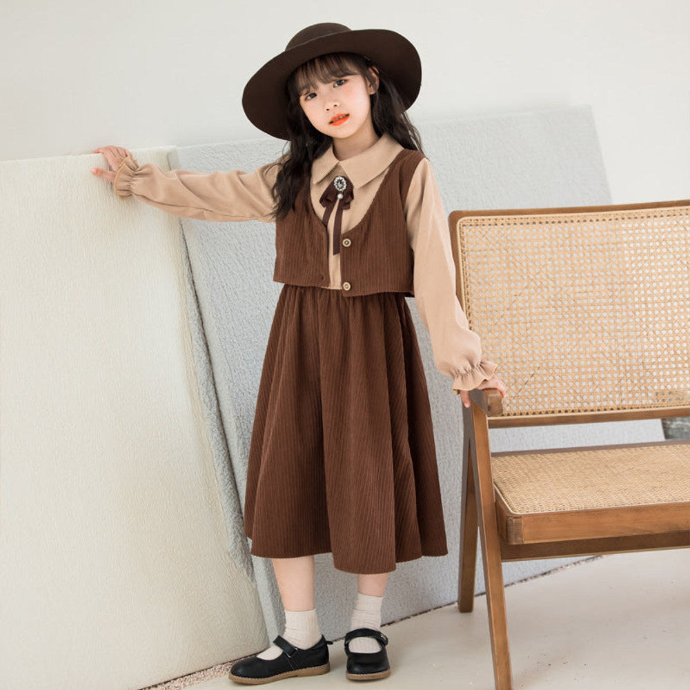 MyKids-USA® Kids Girls Long Sleeves Color Patchwork Dress and Vest Sets