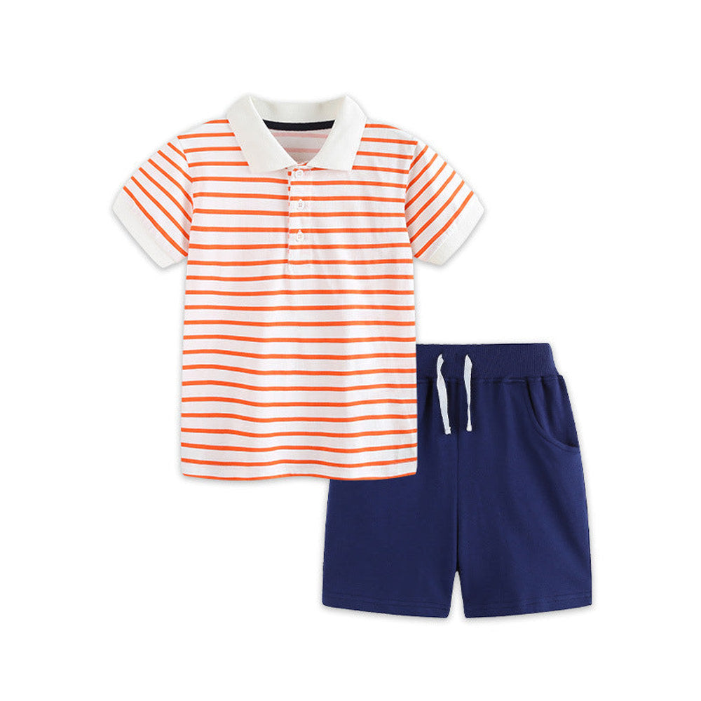 MyKids-USA® Baby Kids Boys Short Sleeves Striped Pattern Polo Shirt and Plain Shorts Clothing Set