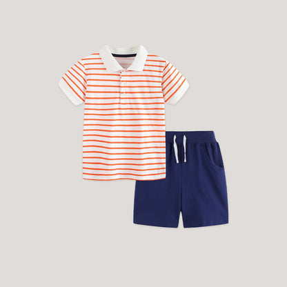 MyKids-USA® Baby Kids Boys Short Sleeves Striped Pattern Polo Shirt and Plain Shorts Clothing Set