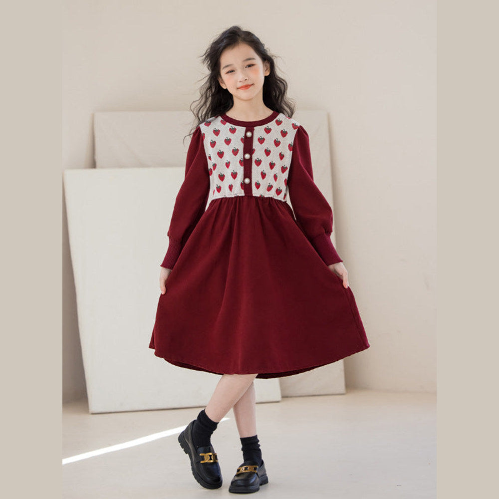 MyKids-USA® Long Sleeves Strawberry Pattern Knitted Dress for Stylish Girls