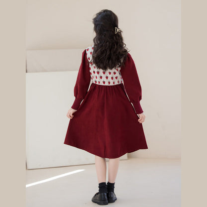 MyKids-USA® Long Sleeves Strawberry Pattern Knitted Dress for Stylish Girls