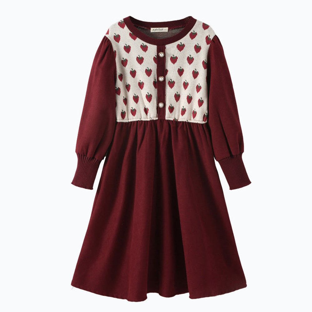 MyKids-USA® Long Sleeves Strawberry Pattern Knitted Dress for Stylish Girls