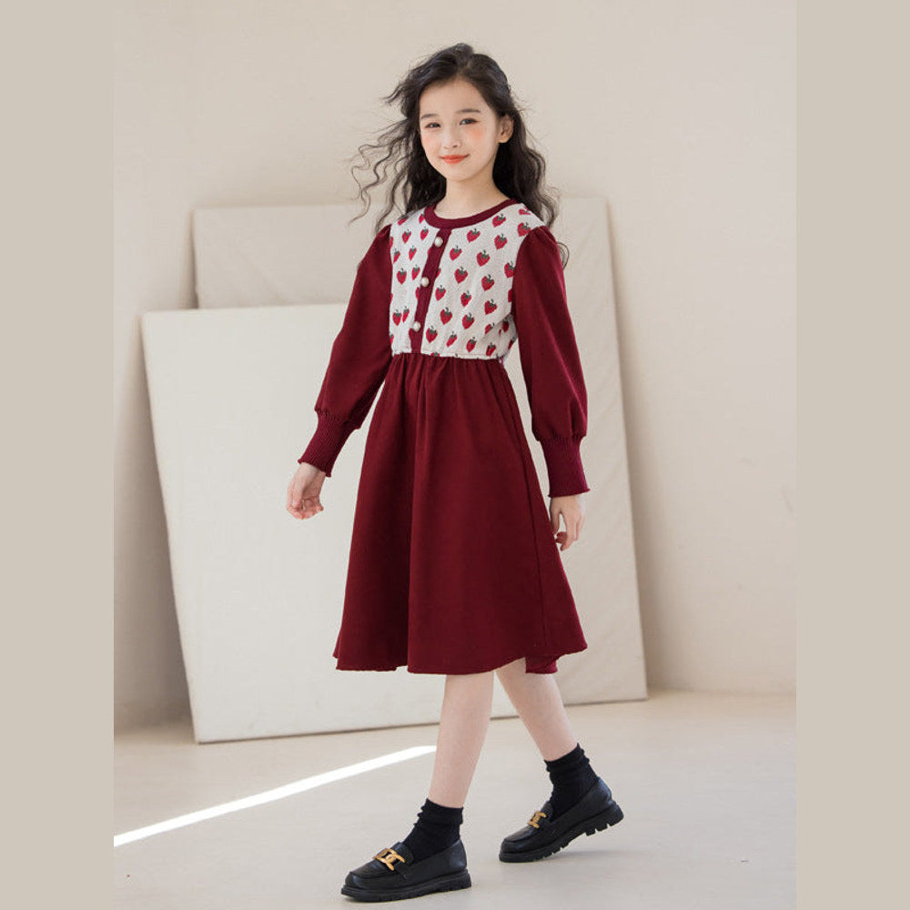 MyKids-USA® Long Sleeves Strawberry Pattern Knitted Dress for Stylish Girls