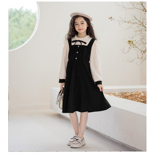 MyKids-USA® Preppy Corduroy Long Sleeves Ruffle Crew Neck Color Patchwork Dress