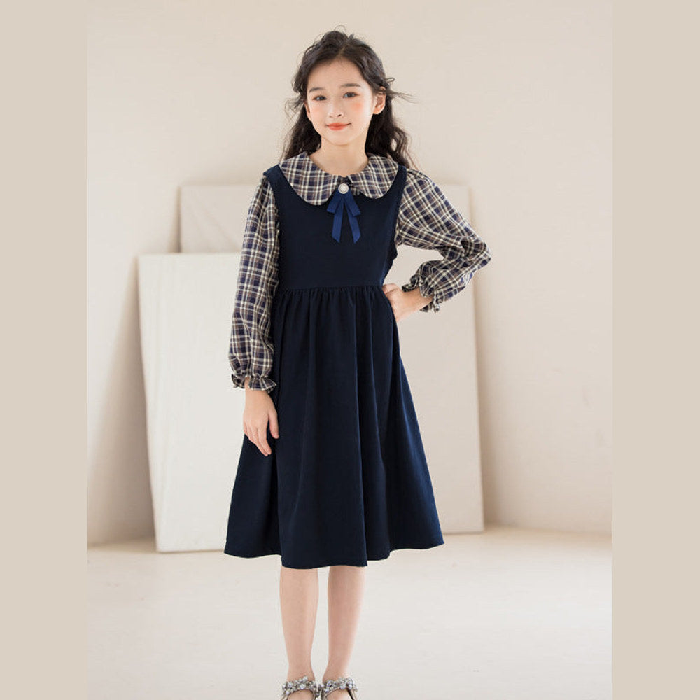 MyKids-USA® Kids Girls Long Sleeves Preppy Plaid Top and Sleeveless Dress Sets