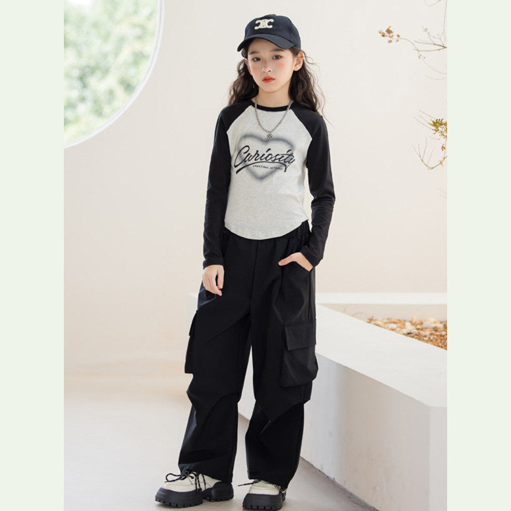 MyKids-USA® Kids Girls Long Sleeves Letters Pattern Top and Black Loose Pants Sets