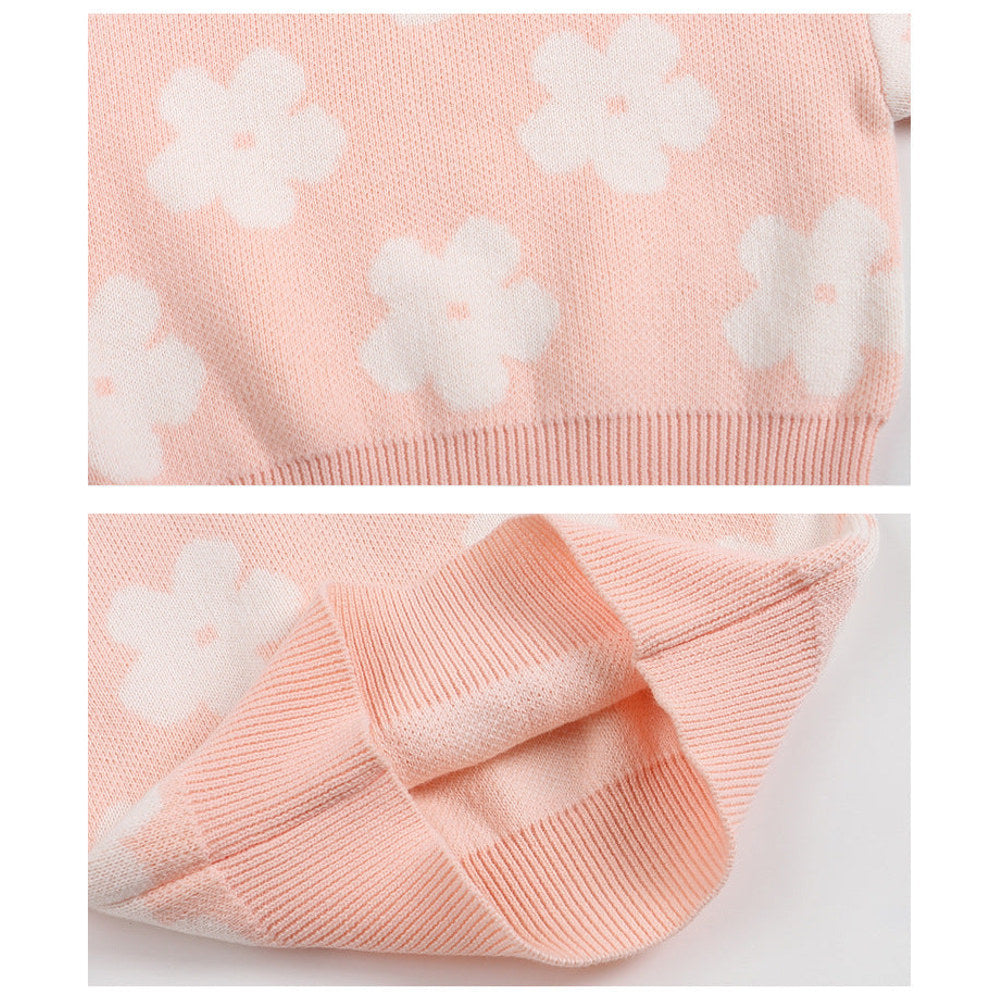 MyKids-USA® Flowers Pattern Long Sleeves Pink Knitted Pullover for Stylish Girls