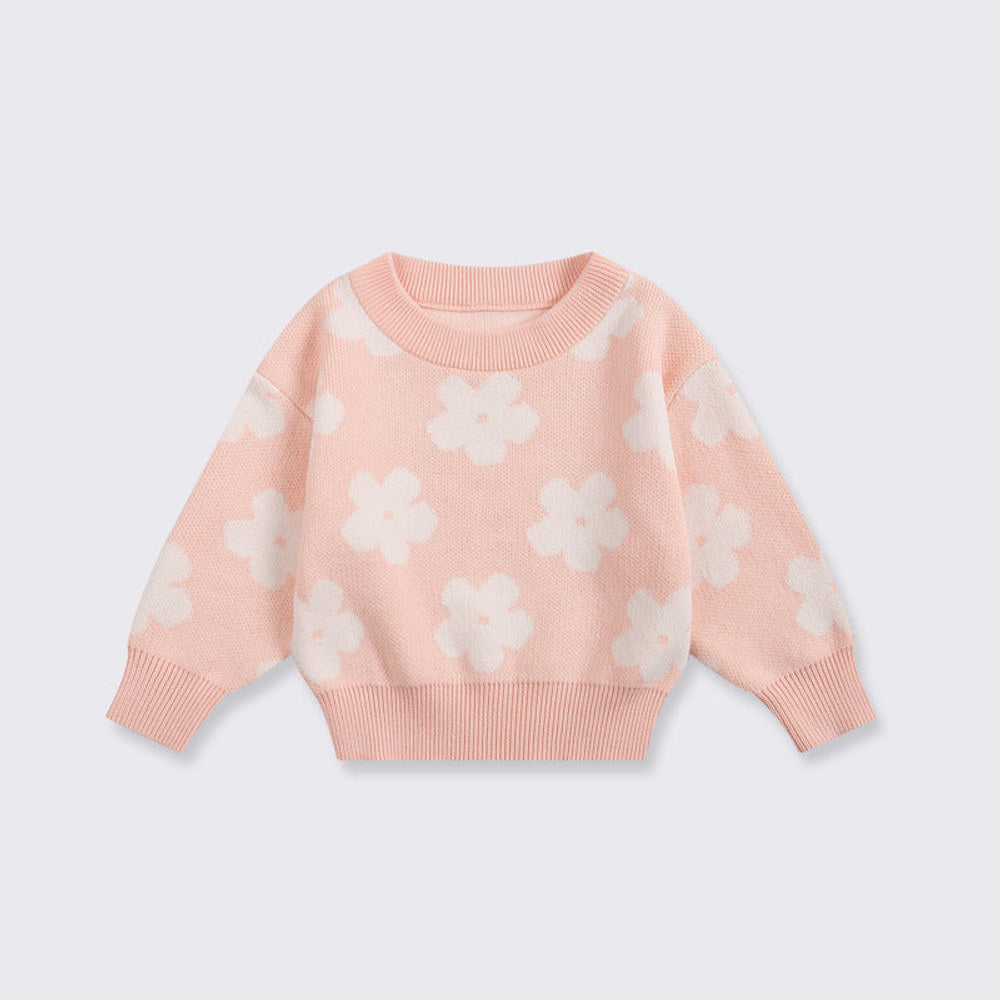 MyKids-USA® Flowers Pattern Long Sleeves Pink Knitted Pullover for Stylish Girls