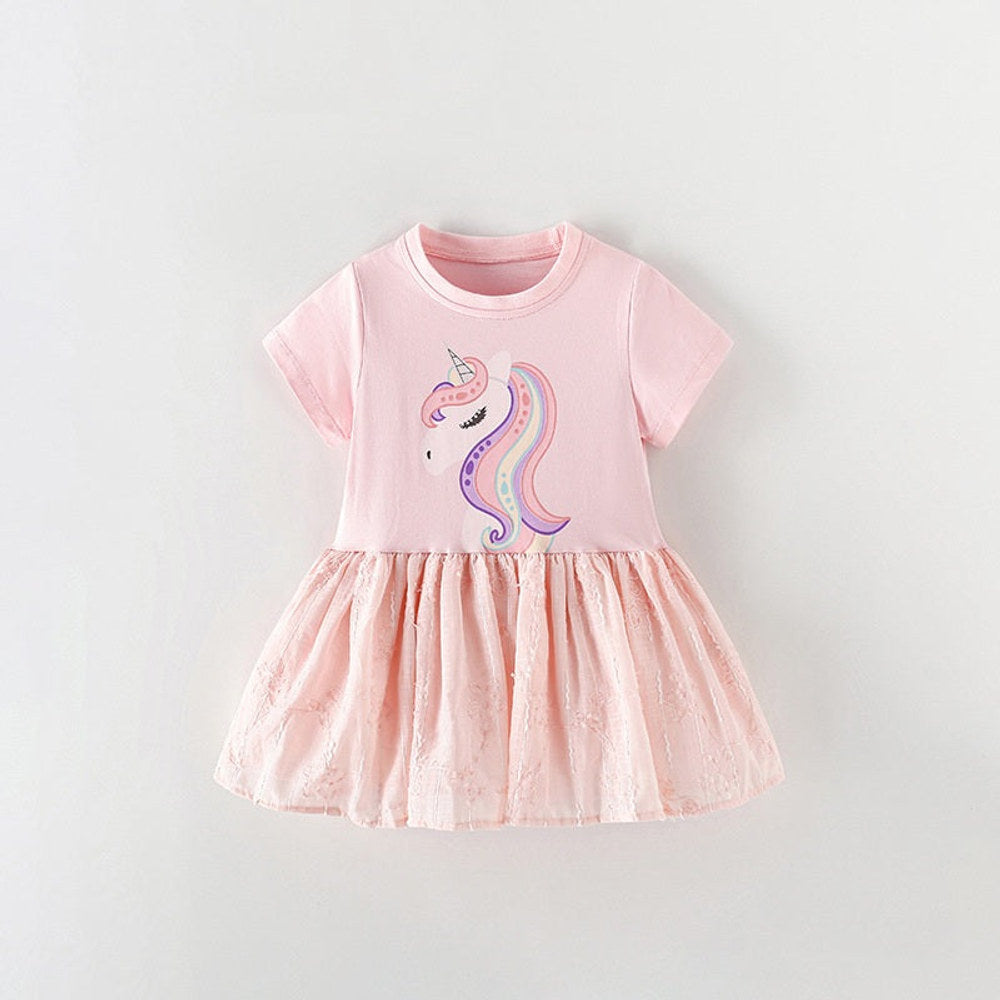 MyKids-USA® Baby Kids Girls Short Sleeves Cartoon Unicorn Pattern Dress