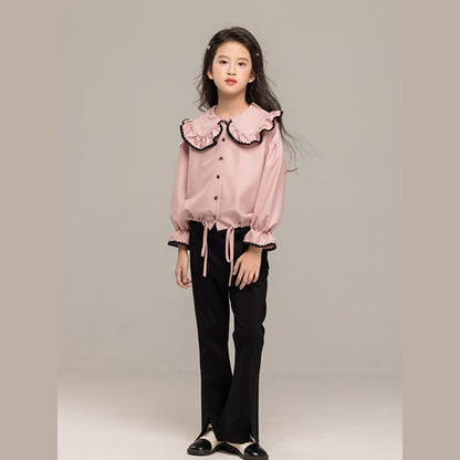 MyKids-USA® Kids Girls Long Sleeves Pink Single Breasted Top and Black Flared Pants Sets