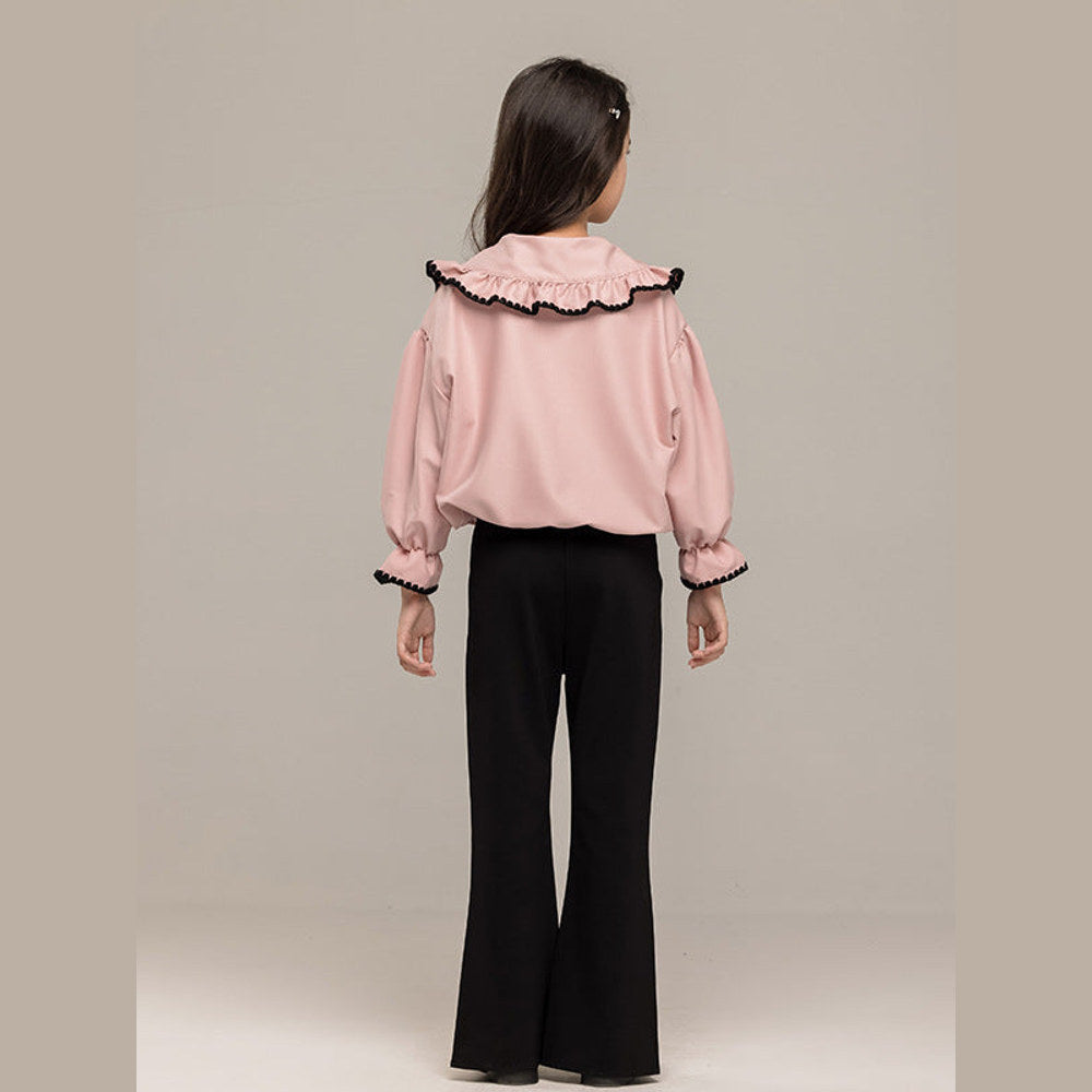 MyKids-USA® Kids Girls Long Sleeves Pink Single Breasted Top and Black Flared Pants Sets