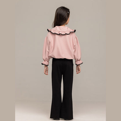 MyKids-USA® Kids Girls Long Sleeves Pink Single Breasted Top and Black Flared Pants Sets