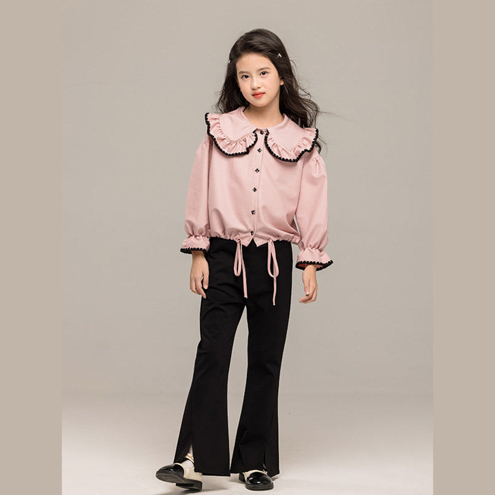 MyKids-USA® Kids Girls Long Sleeves Pink Single Breasted Top and Black Flared Pants Sets