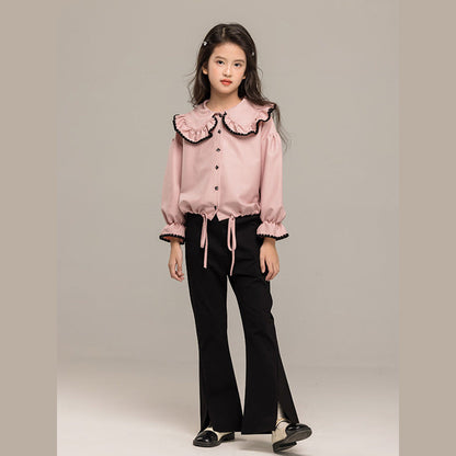 MyKids-USA® Kids Girls Long Sleeves Pink Single Breasted Top and Black Flared Pants Sets