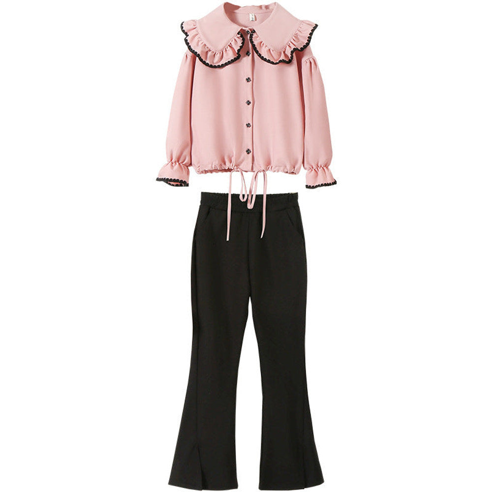 MyKids-USA® Kids Girls Long Sleeves Pink Single Breasted Top and Black Flared Pants Sets
