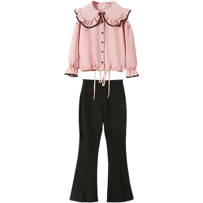 MyKids-USA® Kids Girls Long Sleeves Pink Single Breasted Top and Black Flared Pants Sets