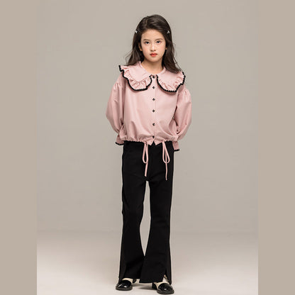 MyKids-USA® Kids Girls Long Sleeves Pink Single Breasted Top and Black Flared Pants Sets