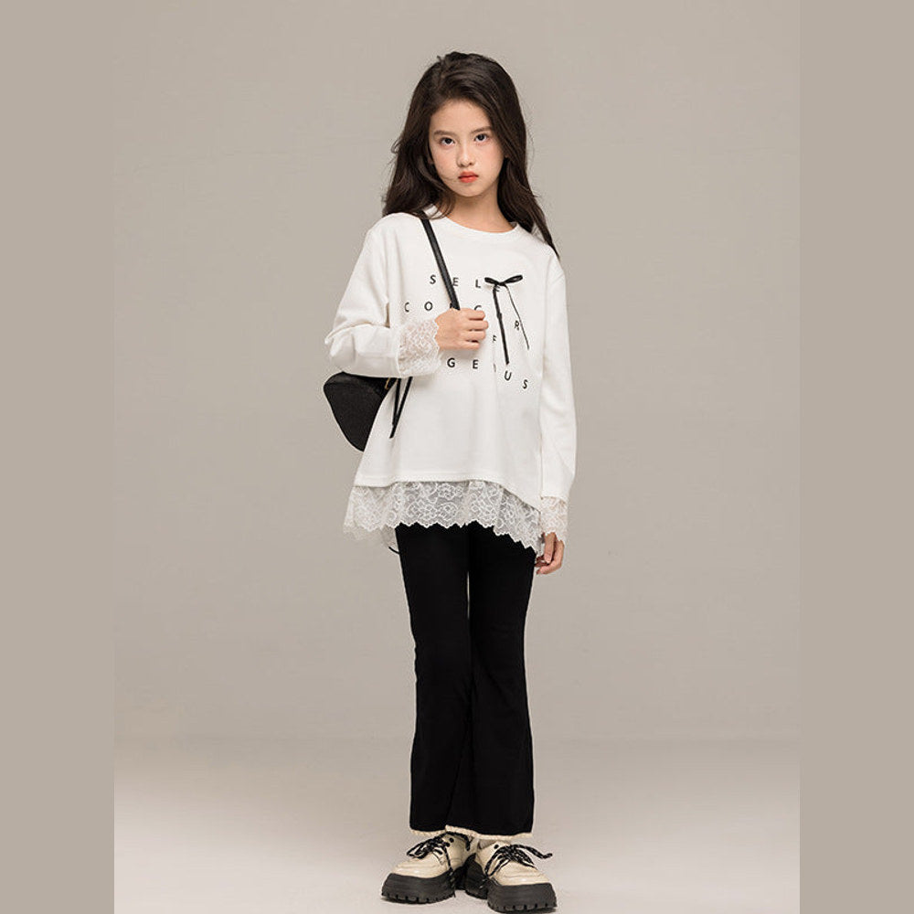 MyKids-USA® Kids Girls Long Sleeves Letters Pattern Top and Black Flared Pants Sets