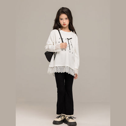 MyKids-USA® Kids Girls Long Sleeves Letters Pattern Top and Black Flared Pants Sets
