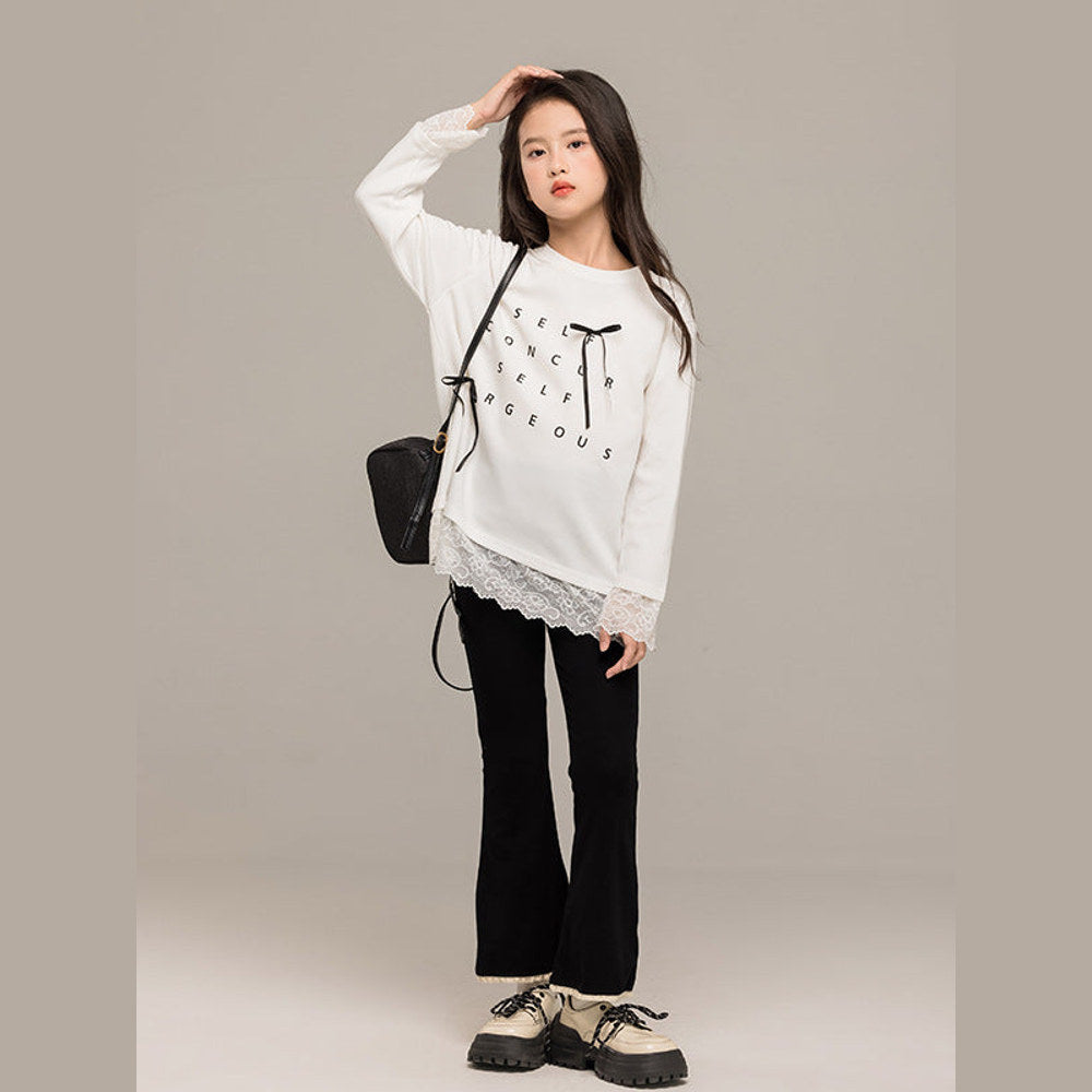 MyKids-USA® Kids Girls Long Sleeves Letters Pattern Top and Black Flared Pants Sets