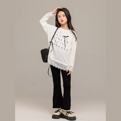 MyKids-USA® Kids Girls Long Sleeves Letters Pattern Top and Black Flared Pants Sets