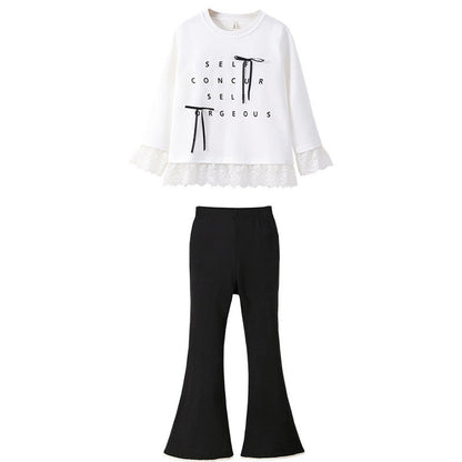 MyKids-USA® Kids Girls Long Sleeves Letters Pattern Top and Black Flared Pants Sets