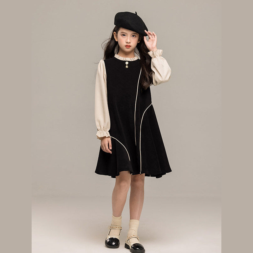 MyKids-USA® Long Sleeves Color Patchwork Dress for Stylish Girls