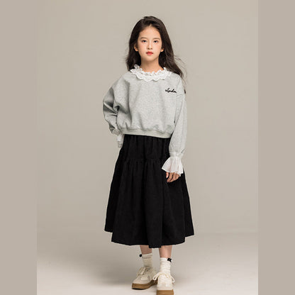 MyKids-USA® Kids Girls Long Sleeves Letters Pattern Lace Trim Top and Black Skirt Sets