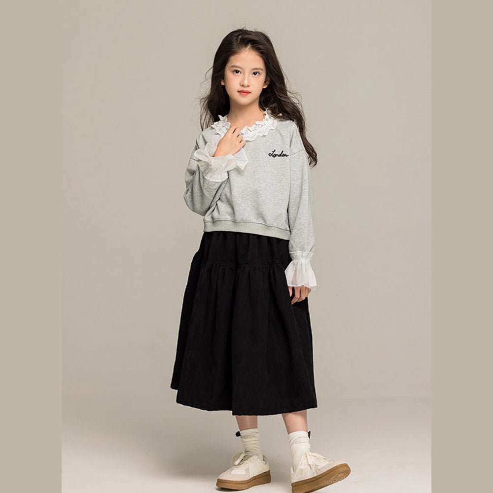 MyKids-USA® Kids Girls Long Sleeves Letters Pattern Lace Trim Top and Black Skirt Sets
