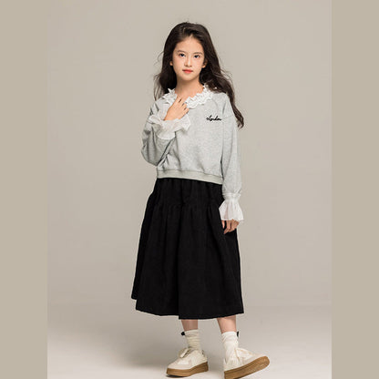 MyKids-USA® Kids Girls Long Sleeves Letters Pattern Lace Trim Top and Black Skirt Sets