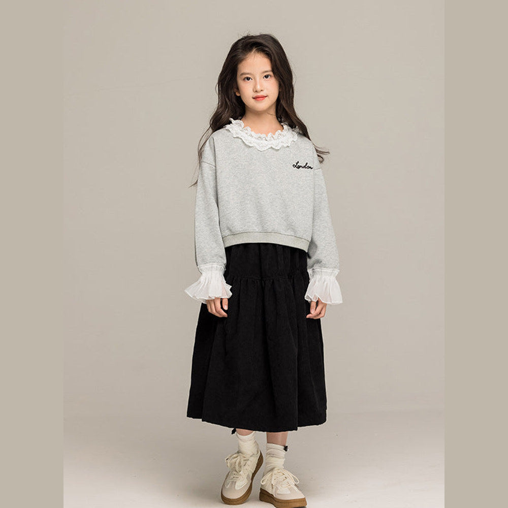 MyKids-USA® Kids Girls Long Sleeves Letters Pattern Lace Trim Top and Black Skirt Sets