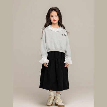 MyKids-USA® Kids Girls Long Sleeves Letters Pattern Lace Trim Top and Black Skirt Sets
