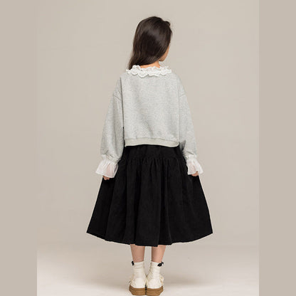 MyKids-USA® Kids Girls Long Sleeves Letters Pattern Lace Trim Top and Black Skirt Sets