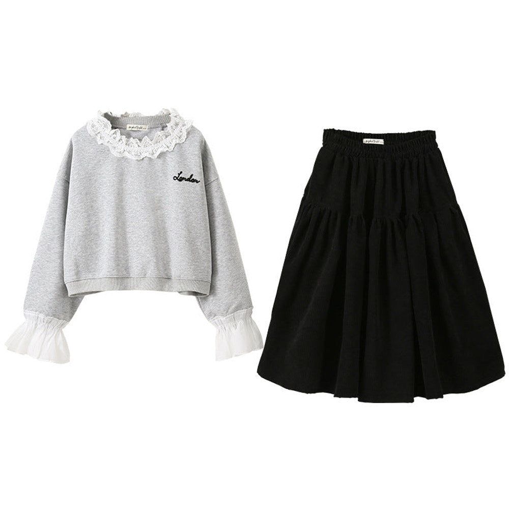 MyKids-USA® Kids Girls Long Sleeves Letters Pattern Lace Trim Top and Black Skirt Sets