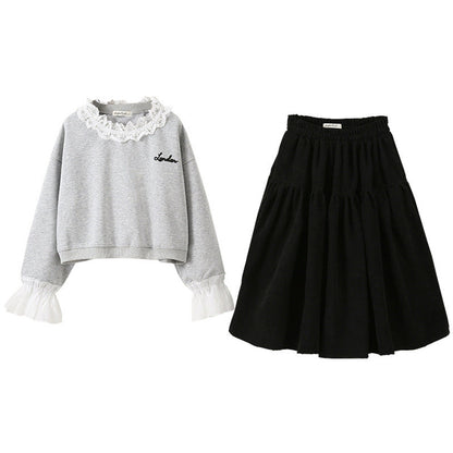 MyKids-USA® Kids Girls Long Sleeves Letters Pattern Lace Trim Top and Black Skirt Sets